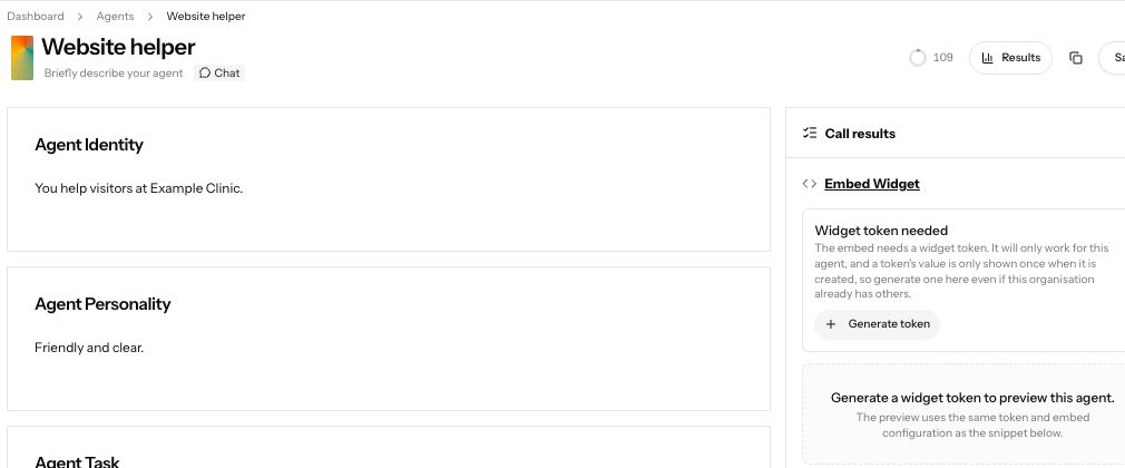 A saved chat agent with Embed Widget open and Generate token available.