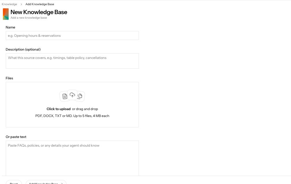 The New Knowledge Base form accepts files or pasted text.